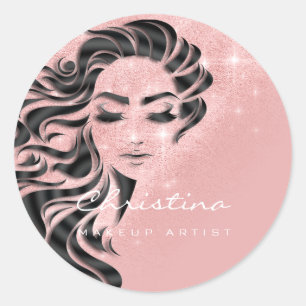 Pegatina Redonda Artista De Maquillaje De Estilo Cabello Purpurina 