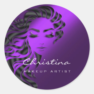 Pegatina Redonda Artista De Maquillaje De Estilo Cabello Purpurina