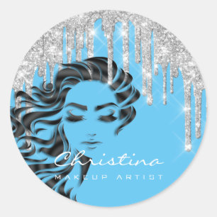Pegatina Redonda Artista De Maquillaje De Estilo Cabello Purpurina