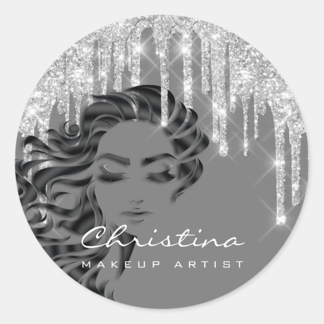 Pegatina Redonda Artista De Maquillaje De Estilo Cabello Purpurina  (Anverso)