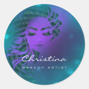 Pegatina Redonda Artista De Maquillaje De Estilo Cabello Verde azul