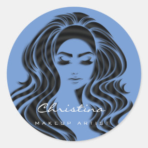 Pegatina Redonda Artista de Maquillaje de Labios Besados Pelo Azul 