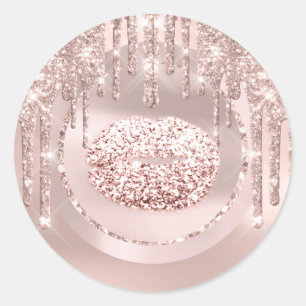 Pegatina Redonda Artista de Maquillaje de Labios Kiss Drips Rose Gl