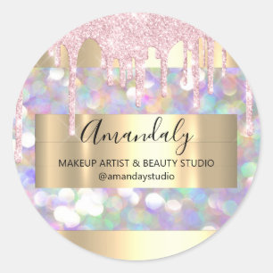 Pegatina Redonda Artista de maquillaje Purpurina Oro Enmarcado Rosa