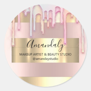 Pegatina Redonda Artista de maquillaje Purpurina Rosa de marco dora