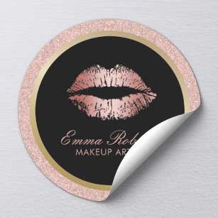 Pegatina Redonda Artista de maquillaje Rosa Purpurina de oro Lips S