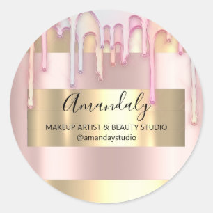Pegatina Redonda Artista de maquillaje Tienda Marco de oro Rosa Pol