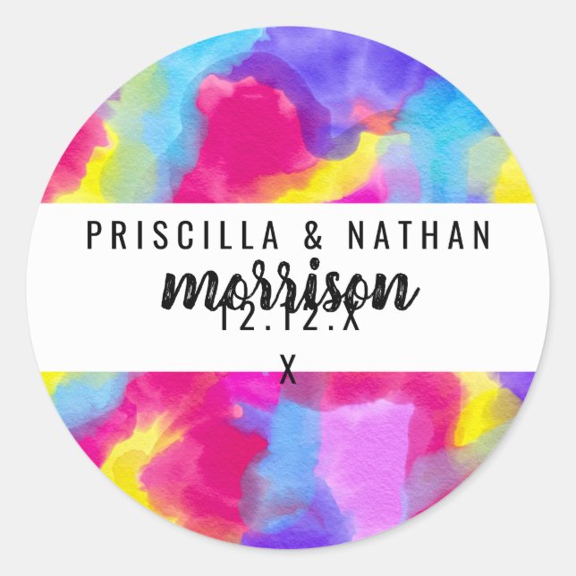 Pegatina Redonda Artsy Modern Neon Colorful Rainbow Watercolor (Anverso)