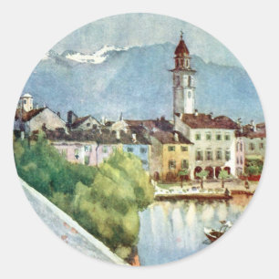 Pegatina Redonda Ascona Suiza en el lago Maggiore, 1918