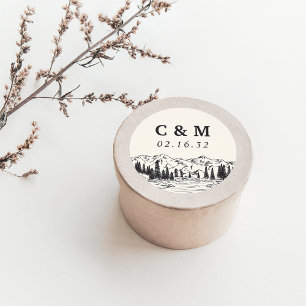 Pegatina Redonda Ash Black   Monograma Boda de Sketch de montaña