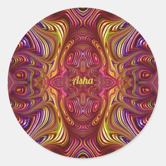 Pegatina Redonda ASHA ~ Diseño fractal multicolor ~ ~ (Anverso)