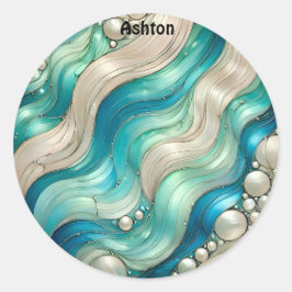 Pegatina Redonda ASHTON ~ SHINY Blue White Abstract ~