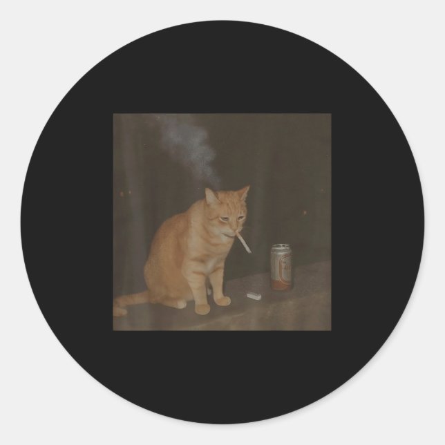 Pegatina Redonda Asistente Cigarette Kitten Funny Smony Cat Meme Br (Anverso)