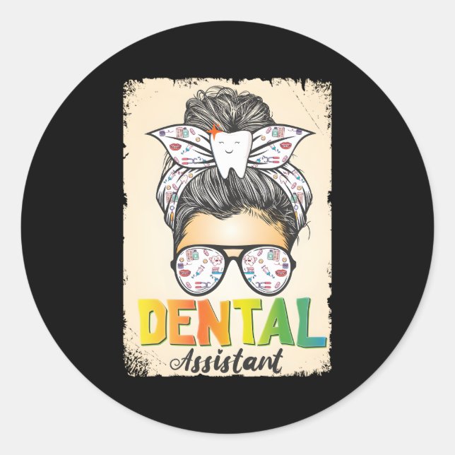 Pegatina Redonda Asistente dental Messy Bun Higienista Oral (Anverso)