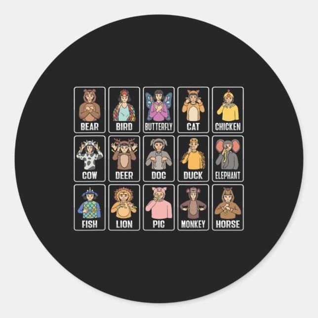 Pegatina Redonda Asl Hand Gesture Animals Deaf Hearing Loss Awarene (Anverso)