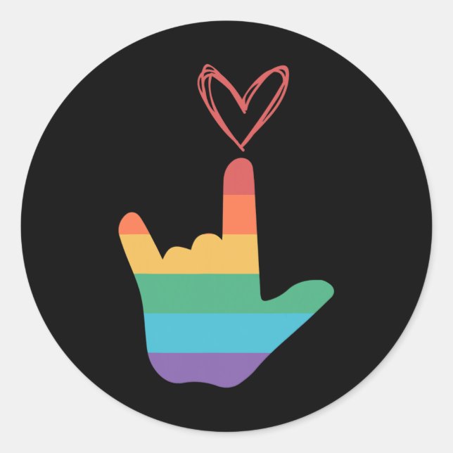Pegatina Redonda ASL Rainbow Love Symbol Deaf (Anverso)