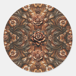 Pegatina Redonda Aspecto de cuero falso floral vintage en relieve