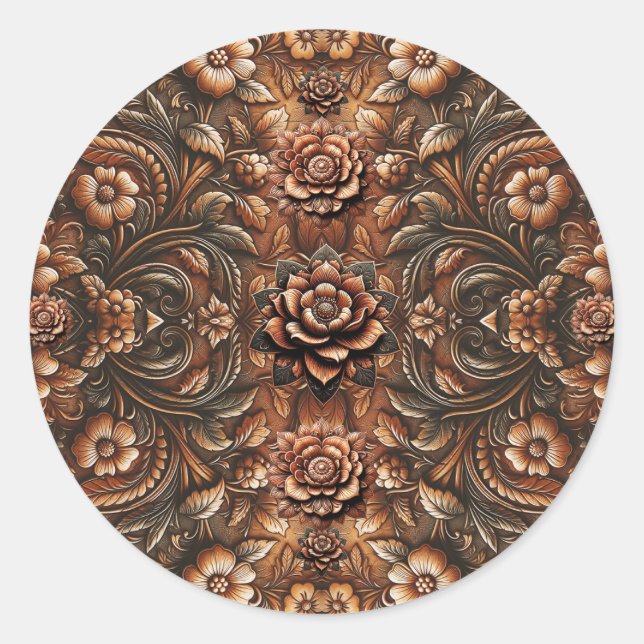 Pegatina Redonda Aspecto de cuero falso floral vintage en relieve (Anverso)