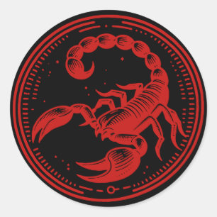 Pegatina Redonda Astrología Escorpión Rojo Rótulo Escorpio