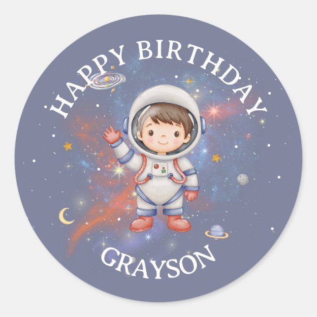 Pegatina Redonda Astronaut Outer Space Boy Birthday (Anverso)
