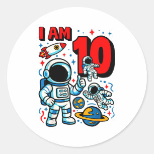Pegatina Redonda Astronauta Cumplo 10 Años Niño Cumpleaños 10º Cami