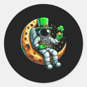 Pegatina Redonda Astronauta Cute Leprechaun En Moon Space Saint Pat