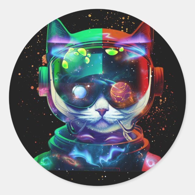 Pegatina Redonda Astronauta de gato en traje espacial y casco en Co (Anverso)