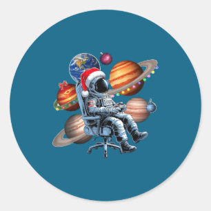 Pegatina Redonda Astronauta Divertido Navidad Espacio Luces Sombrer