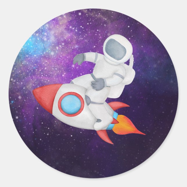 Pegatina Redonda Astronauta en cohete (Anverso)