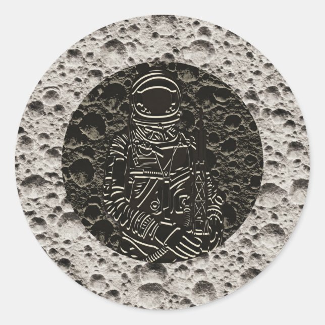 Pegatina Redonda Astronauta en el espacio lunar negro y gris (Anverso)