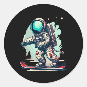Pegatina Redonda Astronauta En Snowboard Astronauta Esquiando En S