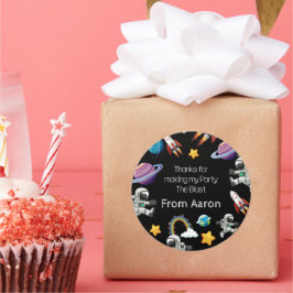 Pegatina Redonda Astronauta espacial Black First Birthday Party