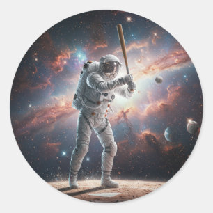 Pegatina Redonda Astronauta espacial juega al béisbol