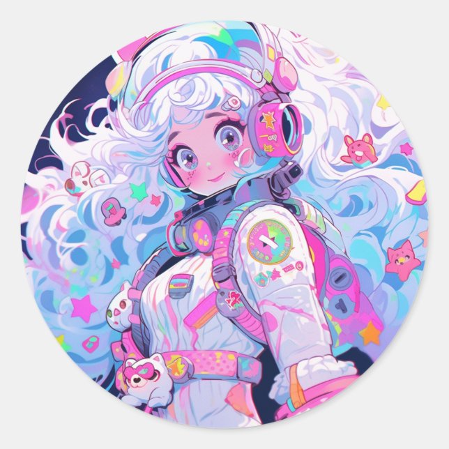 Pegatina Redonda Astronauta espacial Kawaii Moe Pastel Chica de ani (Anverso)