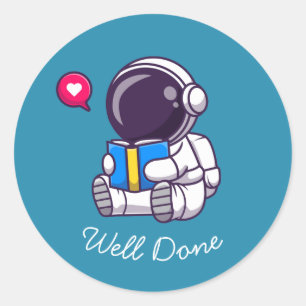 Pegatina Redonda Astronauta leyendo bien la enseñanza