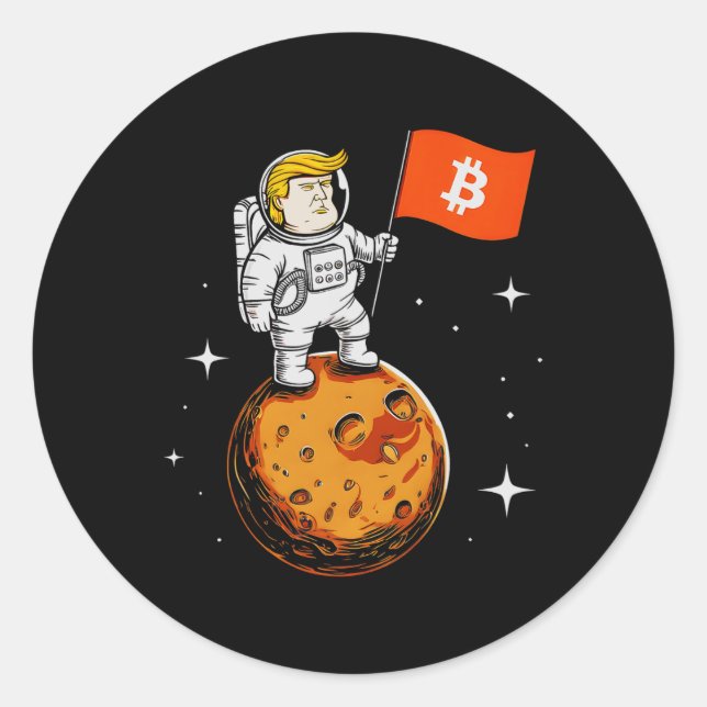 Pegatina Redonda Astronauta sarcástico de Trump Bitcoin a Moon Meme (Anverso)