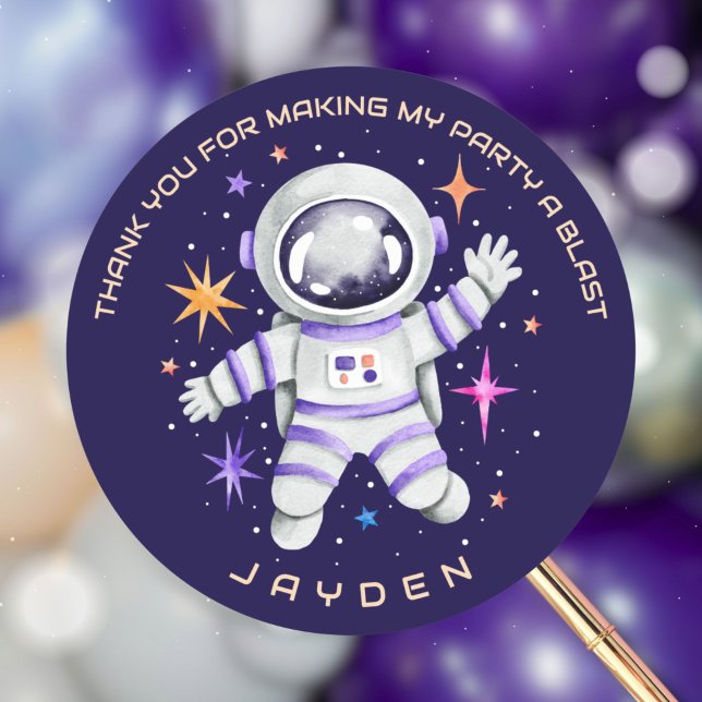 Pegatina Redonda Astronauta y estrellas del espacio ultraterrestre  (Astronaut and Stars Outer Space Thank You Classic Round Sticker)