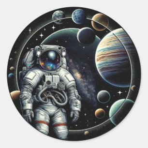 Pegatina Redonda Astronauta y planetas de época
