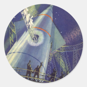 Pegatina Redonda Astronautas de ciencia ficción vintage en nave coh