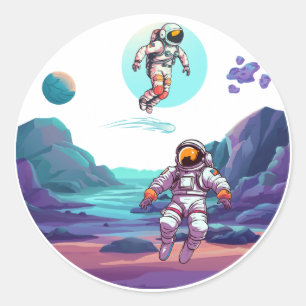 Pegatina Redonda Astronautas en el espacio