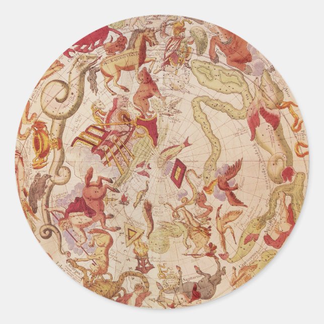 Pegatina Redonda Astronomía antigua, mapa celestial de Carel Allard (Anverso)