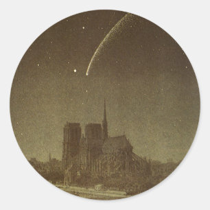 Pegatina Redonda Astronomía vintage, cometa donati sobre París en 1
