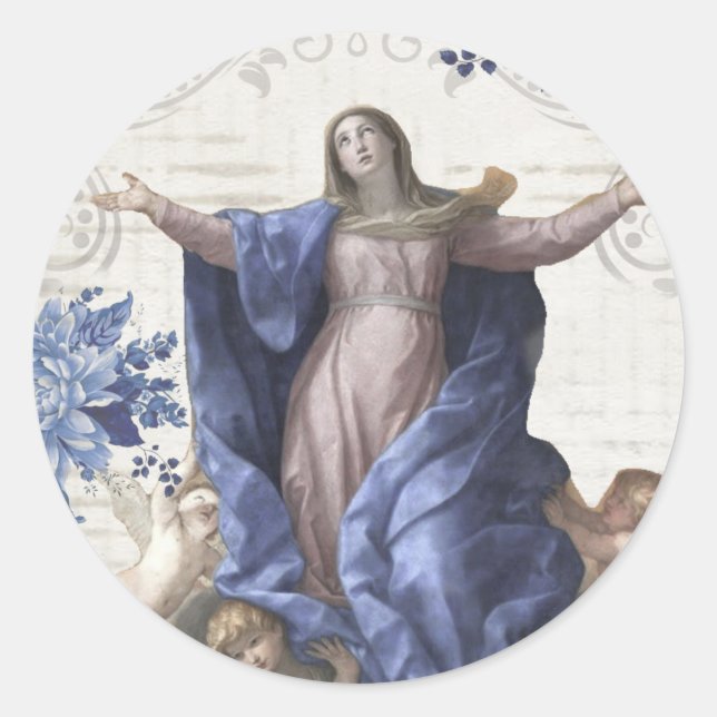 Pegatina Redonda Asumo de la Santísima Virgen María Religiosa Catól (Anverso)
