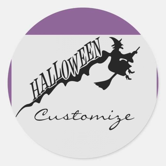 Pegatina Redonda Asustada Witch Riding Broom Halloween Thunder_Cove (Anverso)