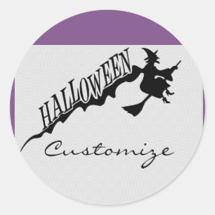 Pegatina Redonda Asustada Witch Riding Broom Halloween Thunder_Cove