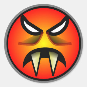 Pegatina Redonda Asustadizo alrededor y cara malvada anaranjada del