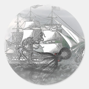 Pegatina Redonda Ataque de pulpo gigante