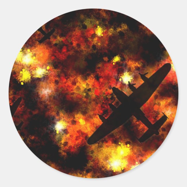 Pegatina Redonda Ataque nocturno de Lancaster Bomber (Anverso)