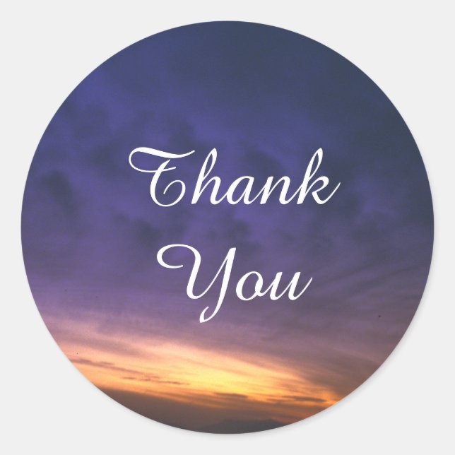 Pegatina Redonda Atardecer sobre el desierto gracias (Anverso)