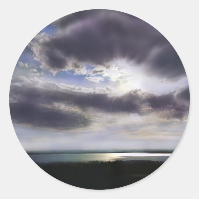 Pegatina Redonda Atardecer sobre el lago (Anverso)